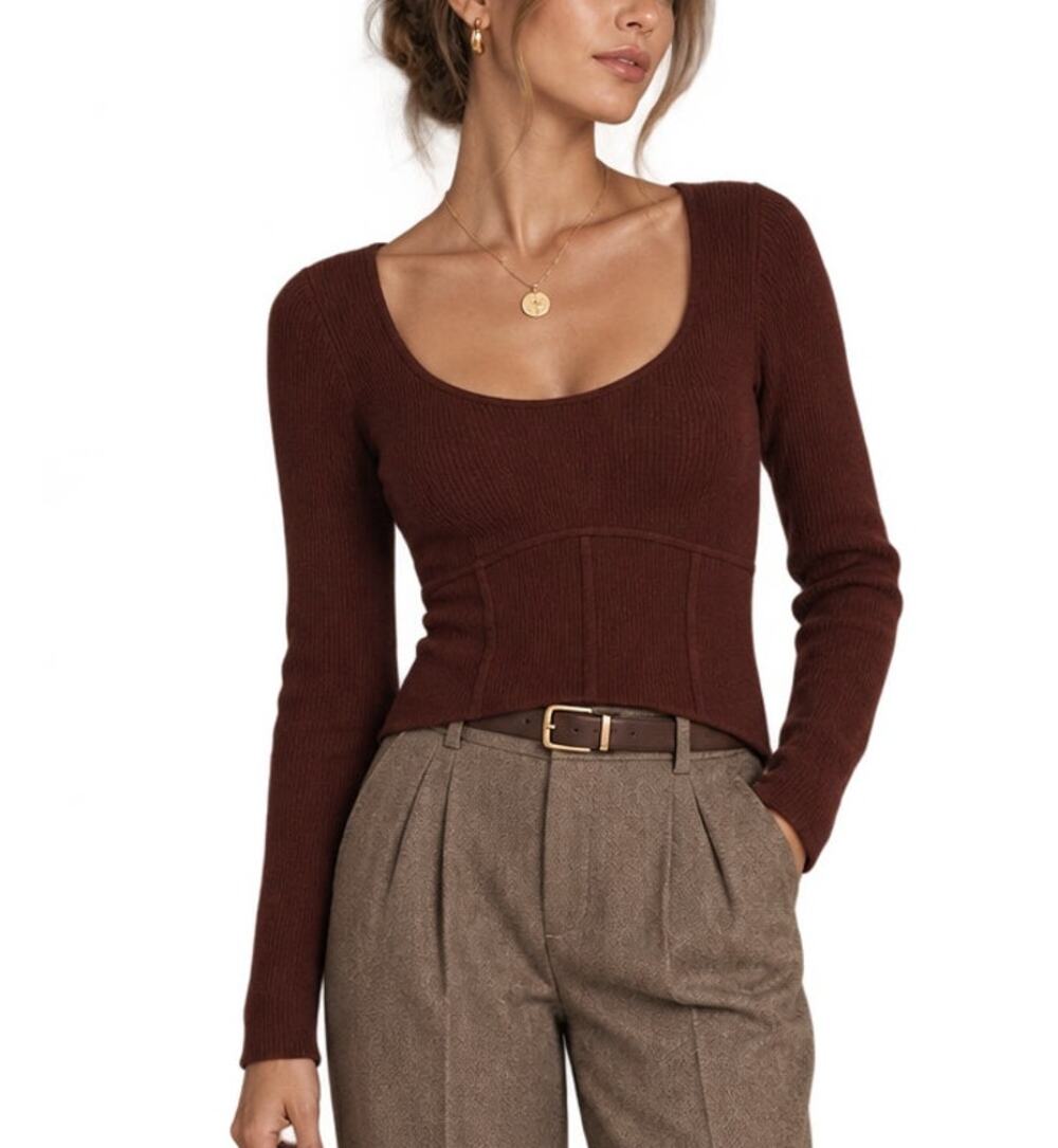 Abercrombie & Fitch Ribbed Corset Cropped Sweater Size M Brown Fall Quiet Luxury